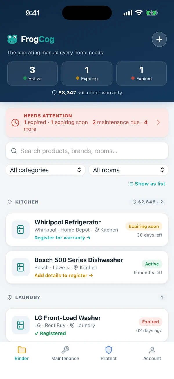The FrogCog Binder on an iPhone: sample appliances grouped by room, each showing whether its warranty is active, ending soon or ended.